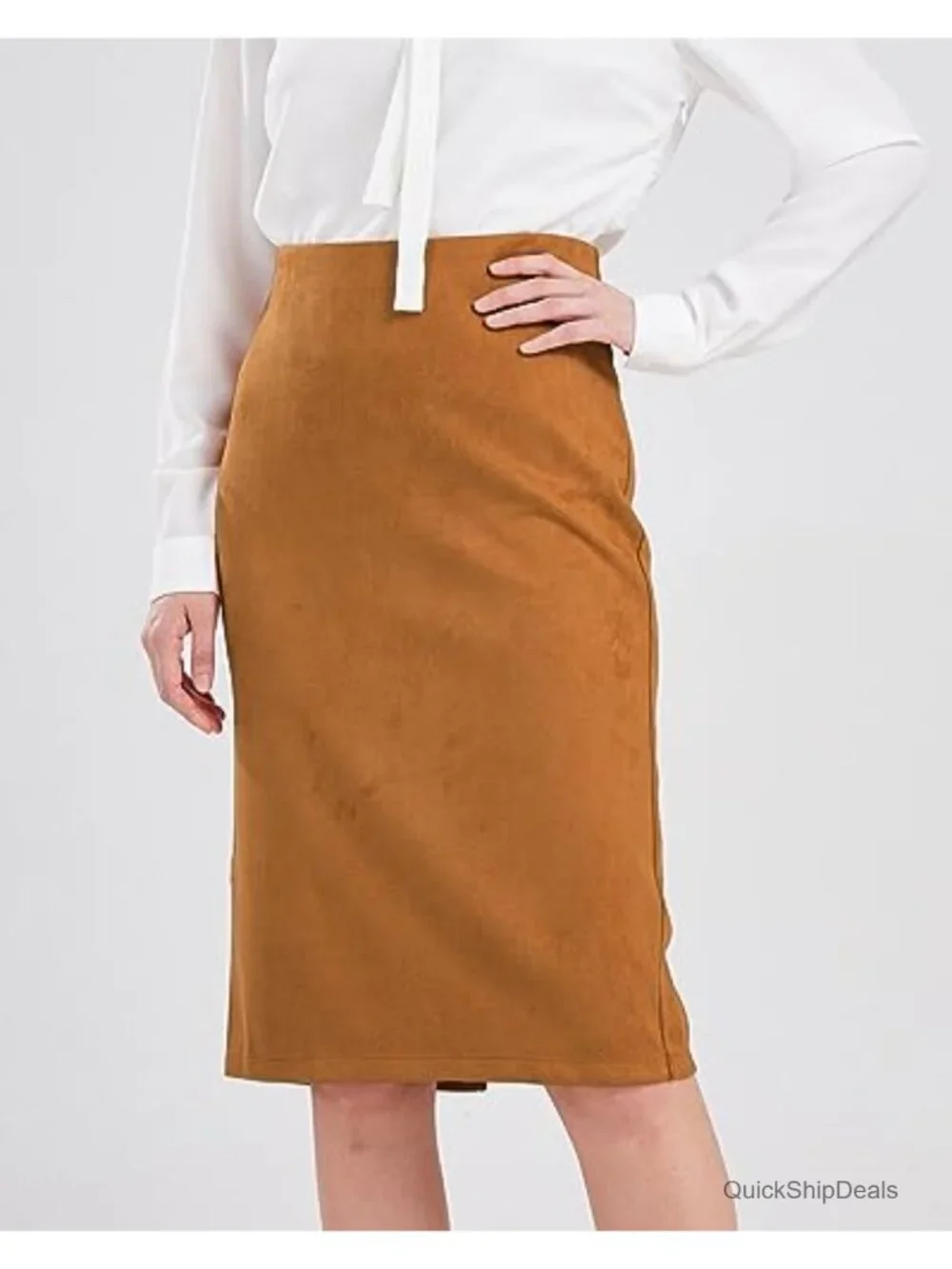 Women's Faux Suede High Waist Midi Pencil Skirt with Back Slit